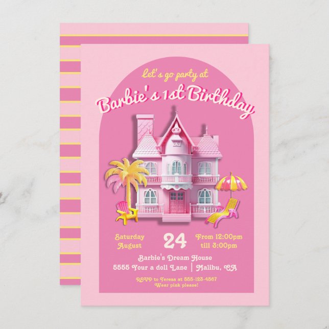 Invitation Toy Dream Doll House Rose Anniversaire (Devant / Derrière)