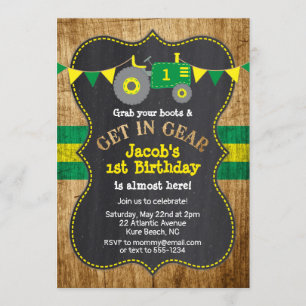 Invitation Tracteur 1er anniversaire Boy Party Vert Jaune