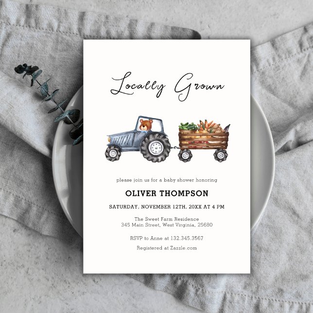 Invitation Tracteur agricole local Baby shower d'ours en pelu (Locally Grown Farm Tractor Teddy Bear Baby Shower Invitation)