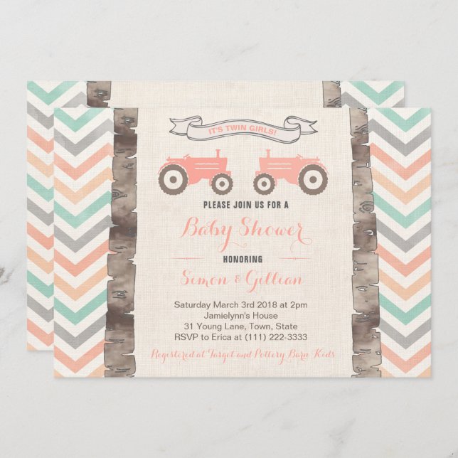 Invitation Tracteur Aqua Coral Gris Baby shower fille (Devant / Derrière)