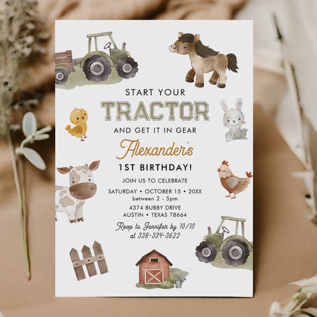 Invitation Tracteur aquarelle 1er anniversaire  (Créateur téléchargé)