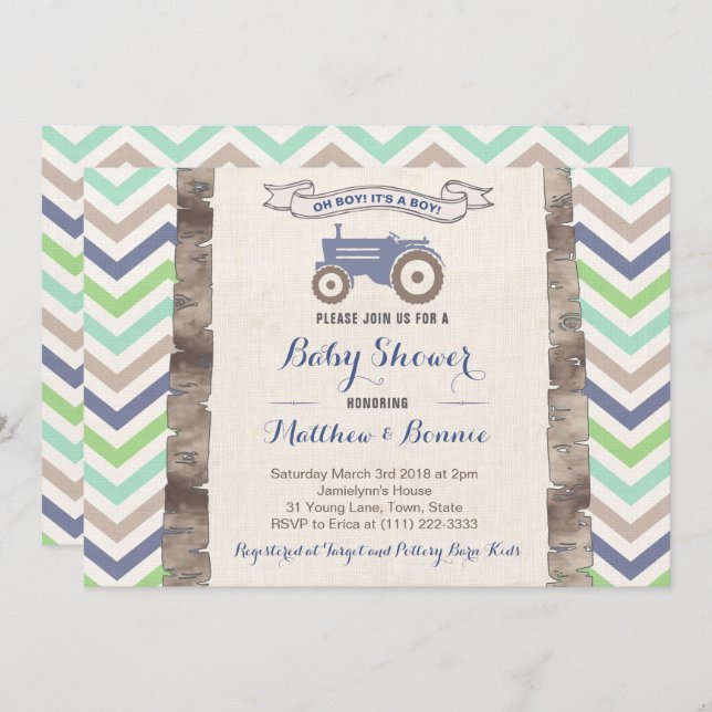 Invitation Tracteur avec Baby shower Chevrons pour garçon (Devant / Derrière)