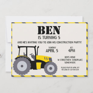Invitation Tracteur de fête d'anniversaire de construction gr