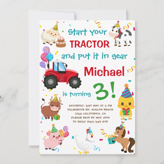 Invitation Tracteur et animaux de ferme Anniversaire (Devant)