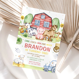 Invitation Tracteur ferme Animaux Oink Baa Moo 1er anniversai