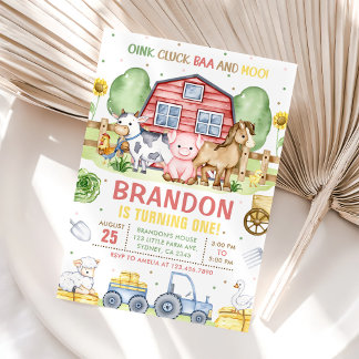 Invitation Tracteur ferme Animaux Oink Baa Moo 1er anniversai