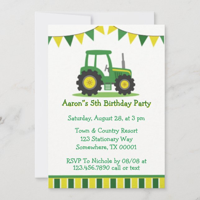 Invitation Tracteur jaune vert tendance Boy Fête d'anniversai (Devant)