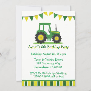 Invitation Tracteur jaune vert tendance Boy Fête d'anniversai