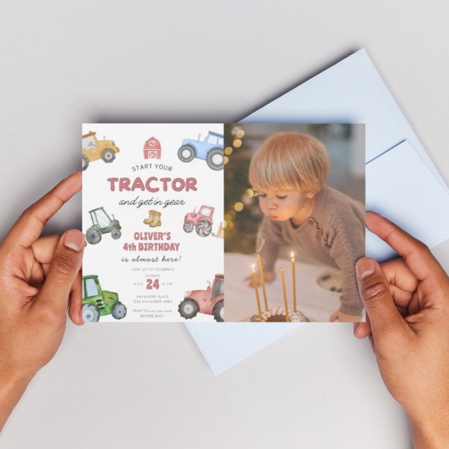 Invitation tracteur photo personnalisé 4e anniversaire (Créateur téléchargé)