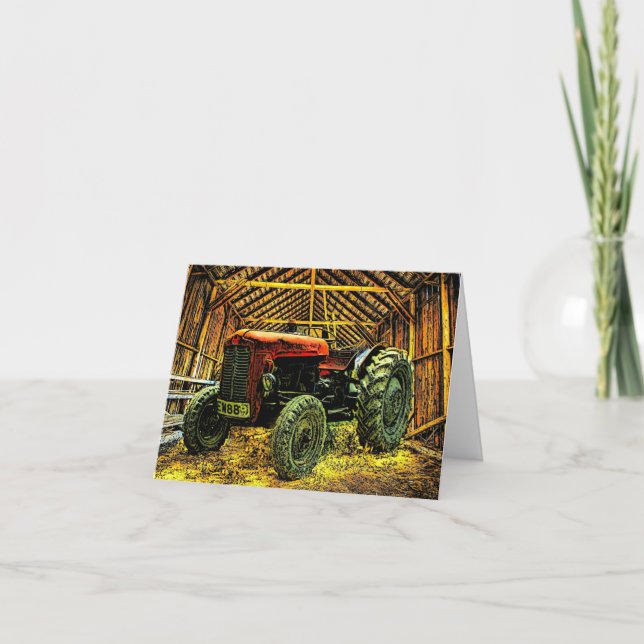 Invitation Tracteur rouge antique Grange rustique (Devant)