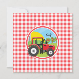 Invitation Tracteur rouge sur En vichy rouge et blanc