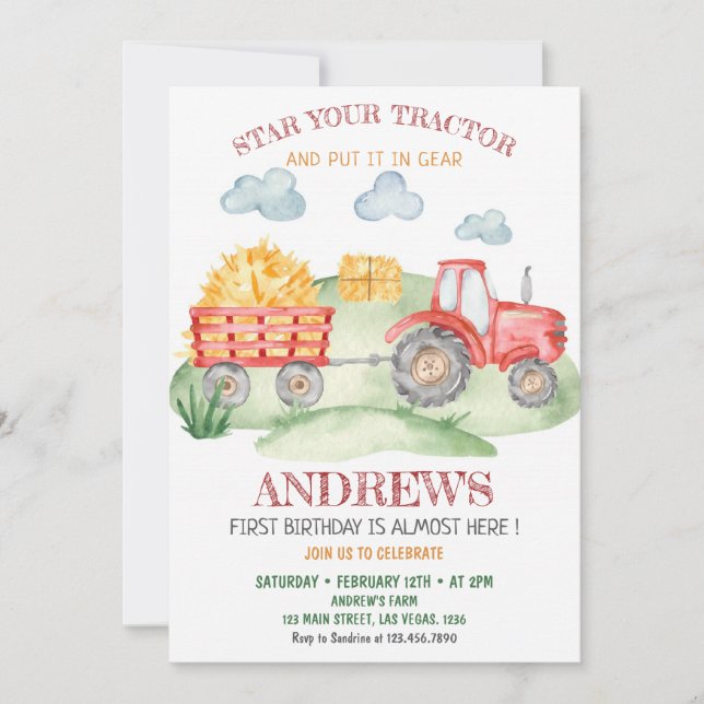 Invitation Tracteur rouge, tout âge, anniversaire (Devant)