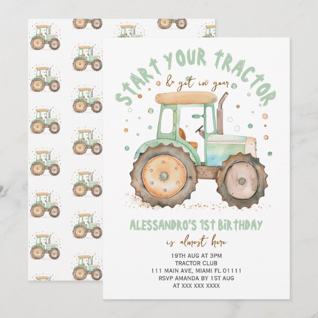 Invitation Tracteur vert 1er anniversaire (Devant / Derrière)