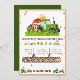 Invitation Tracteur vert Boys Thématique fête d'anniversair