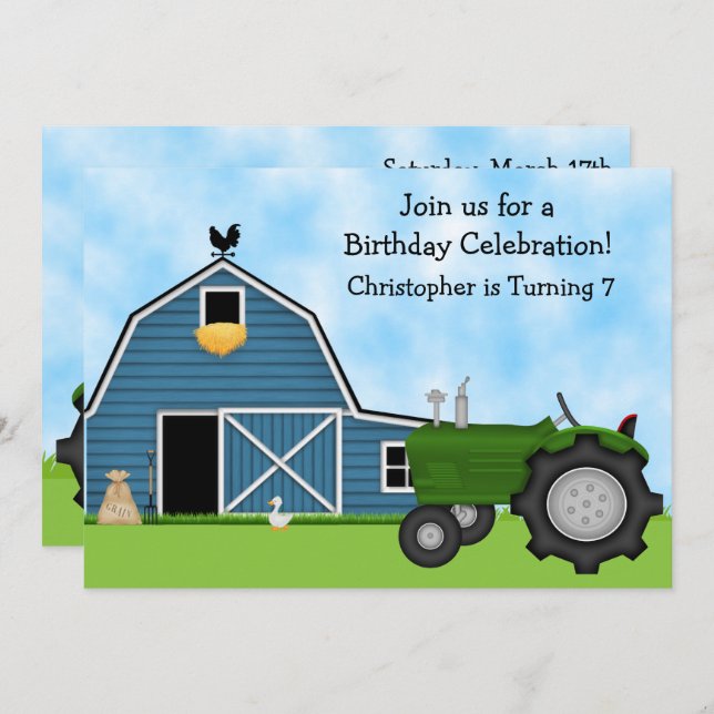 Invitation Tracteur vert et Blue Barn Boys Anniversaire Invit (Devant / Derrière)
