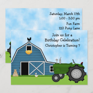 Invitation Tracteur vert et Blue Barn Boys Anniversaire Invit