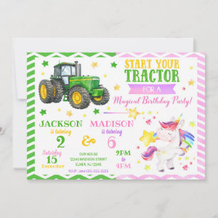 Invitation Tracteur Vert et Licorne Anniversaire Commun