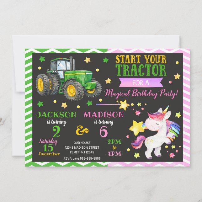 Invitation Tracteur Vert et Licorne Anniversaire Commun (Devant)
