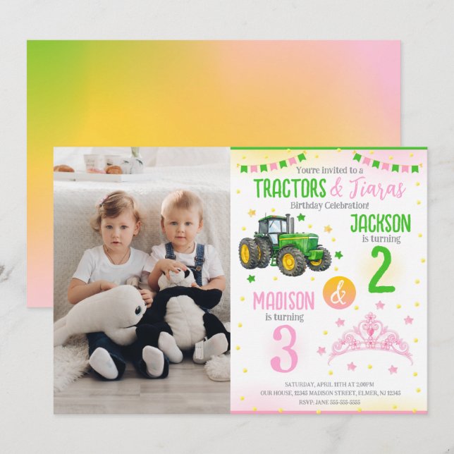 Invitation Tracteur Vert et Princesse Frères et Soeurs Annive (Devant / Derrière)