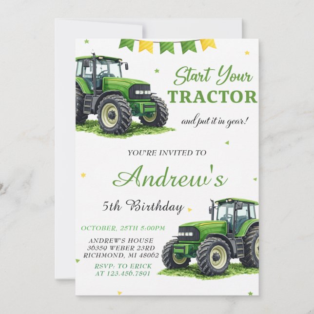 Invitation Tracteur Vert Moderne Personnel Anniversaire (Devant)