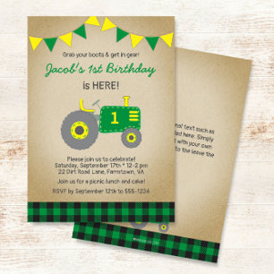Invitation Tracteur vintage vert Plaid Anniversaire