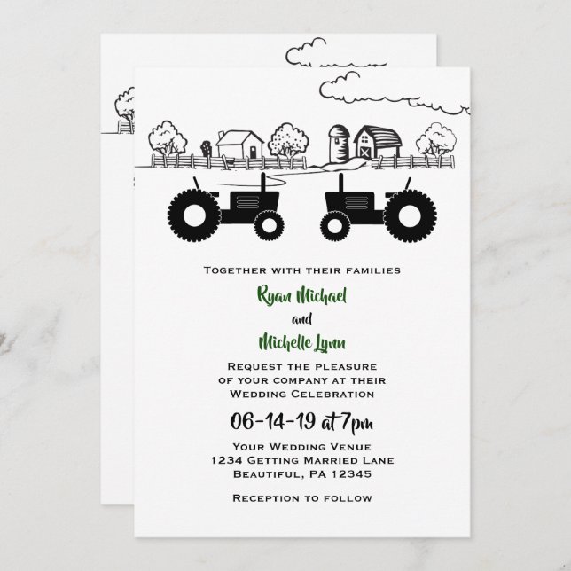 Invitation Tracteurs Silhouette et ferme Noir - Mariage blanc (Devant / Derrière)