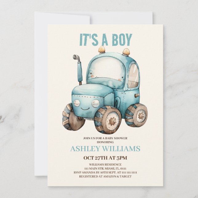 Invitation Tractor Boy Blue Baby Shower  (Devant)
