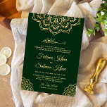 Invitation Traditional Dark Green Gold Motif Islamic Wedding<br><div class="desc">Amaze your guests with this traditional Muslim wedding invitation featuring a beautiful gold motif and 'Bismillah' in Arabic calligraphy. Simply add your event details on this easy-to-use template to make it a one-of-a-kind invitation. Flip the card over to reveal a faux gold foil texture on the back of the card....</div>