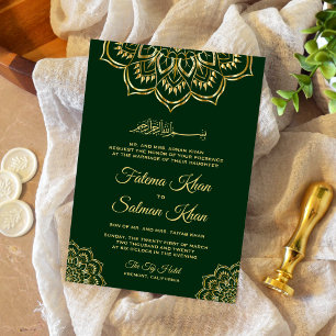 Invitation Traditional Dark Green Gold Motif Islamic Wedding