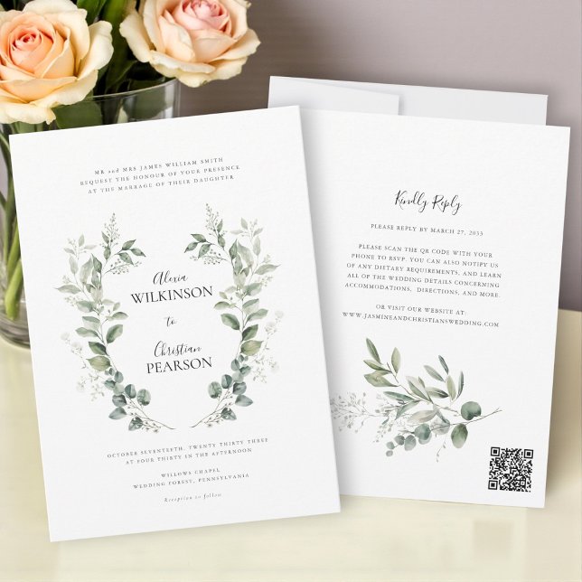 Invitation Traditional eucalptus Greenery Wedding QR Code (Créateur téléchargé)