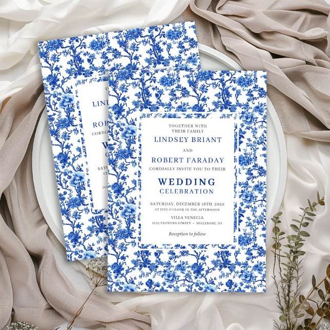 Invitation Traditional French Toile Blue Floral Wedding  (Traditional French Toile Blue Floral Wedding Invitation)
