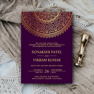 Invitation Traditional Purple Gold Mandala Indian Wedding