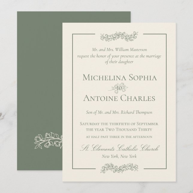 Invitation Traditionnel Formel Élégant Vert Sauge | Mariage (Devant / Derrière)