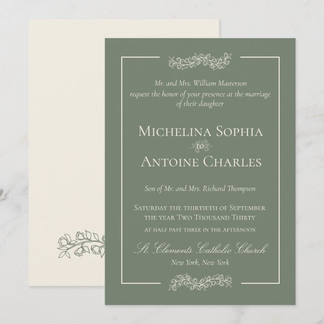 Invitation Traditionnel Formel Élégant Vert Sauge | Mariage (Devant / Derrière)