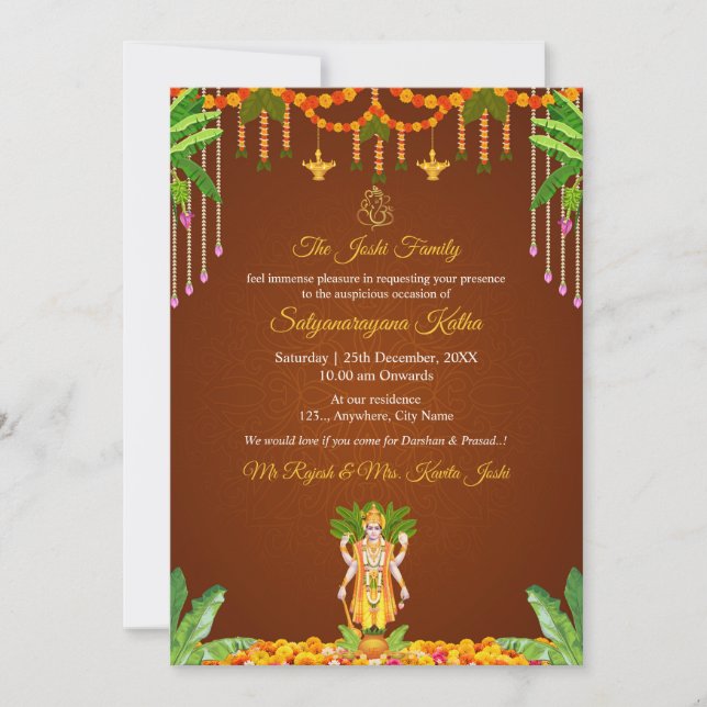 Invitation traditionnelle à la Pooja de Satyanaray (Devant)