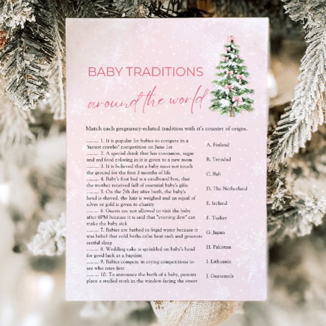 Invitation Traditions de bébé de Noël autour du jeu mondial (Pink Bow Christmas Baby Traditions Around The World Game)