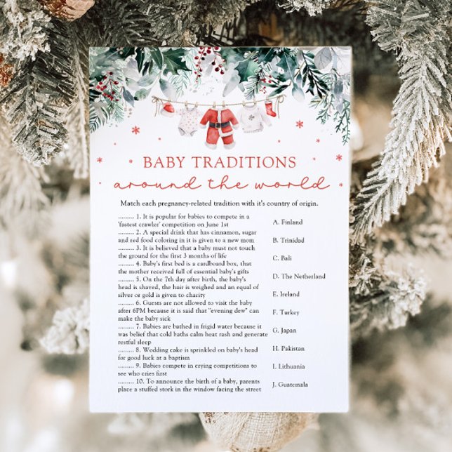 Invitation Traditions de Noël des bébés dans le monde Jeu (Watercolor Cute Christmas Baby Traditions Around The World Baby Shower Game)