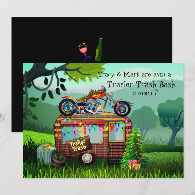 Invitation TRAILER DE Noël TRASH BLANC BASH Funny Party (Devant / Derrière)