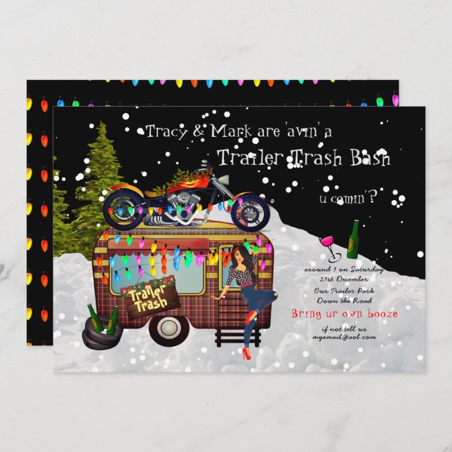 Invitation TRAILER DE Noël TRASH BLANC BASH Funny Party (Devant / Derrière)