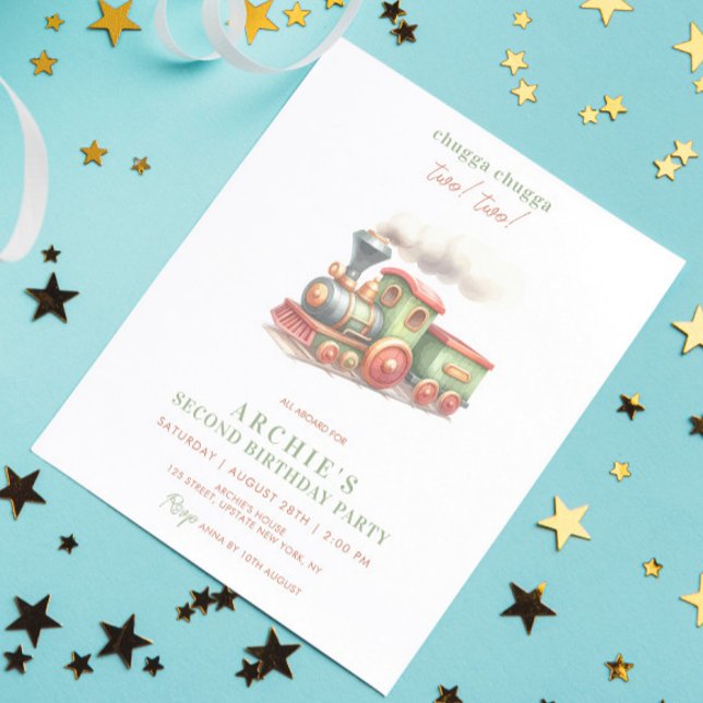 Invitation Train 2e anniversaire aquarelle garçon Chuga Chuga (Train Birthday Invitation Watercolor 2nd Birthday Boy Template Editable Digital or Printed )