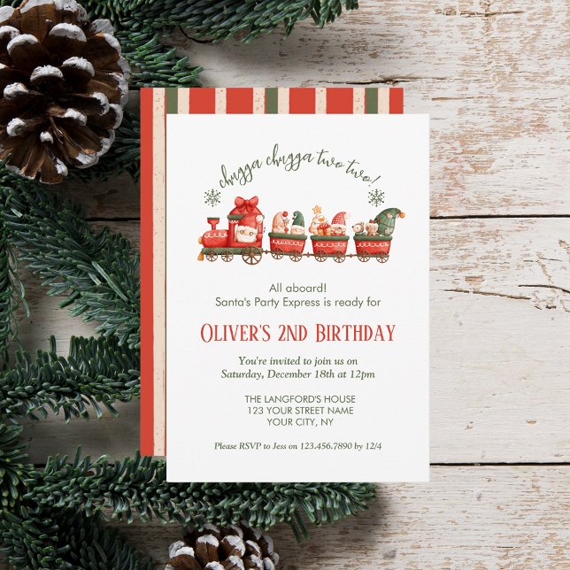 Invitation Train 2nd Birthday Watercolor Santa Party Express (Créateur téléchargé)