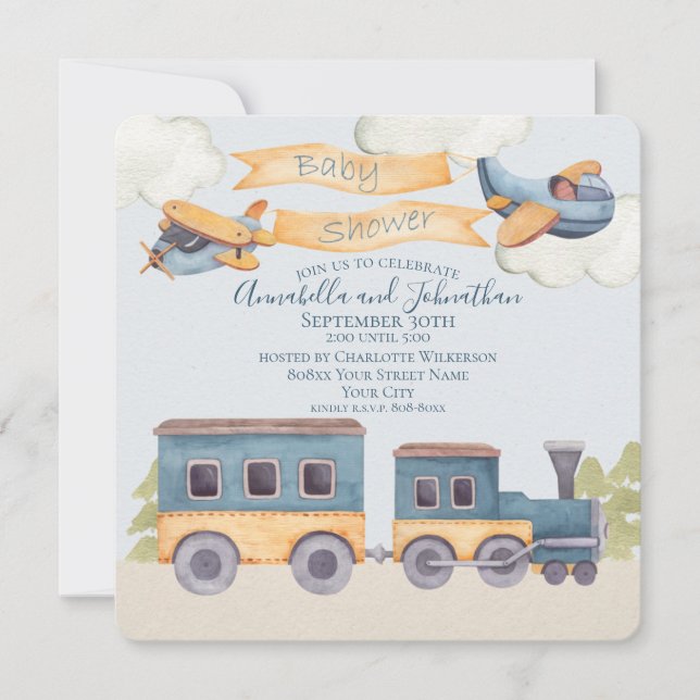 Invitation Train Aquarelle et Avions Bébé Garçon Bleu (Devant)