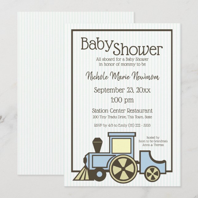 Invitation Train baby shower Choo Choo (Devant / Derrière)