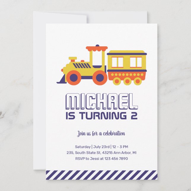 Invitation Train Carnaval Purple Yellow Kids Boys Anniversair (Devant)