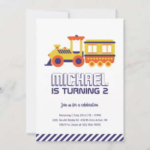 Invitation Train Carnaval Purple Yellow Kids Boys Anniversair