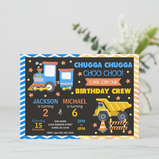 Invitation Train Choo Choo & Construction Anniversaire Commun (Debout devant)