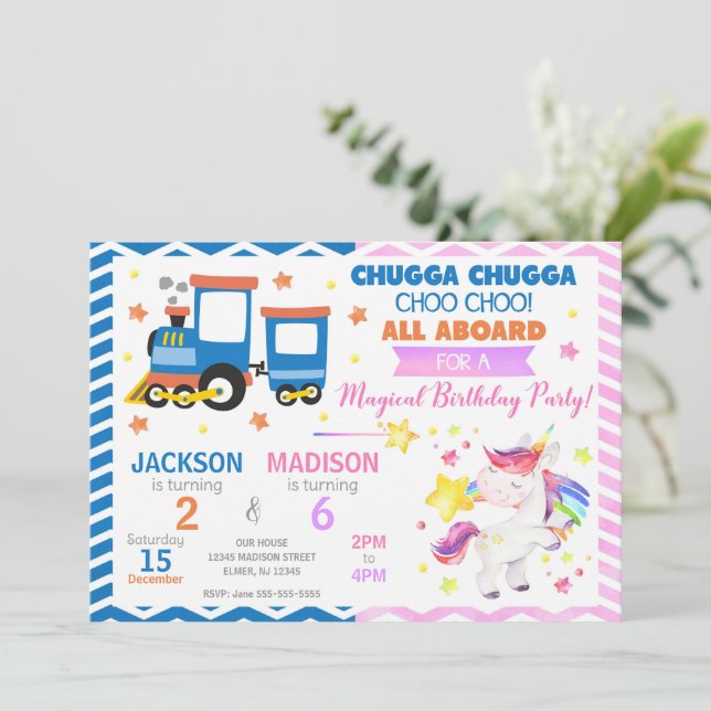 Invitation Train Choo Choo & Licorne Anniversaire Commun (Debout devant)
