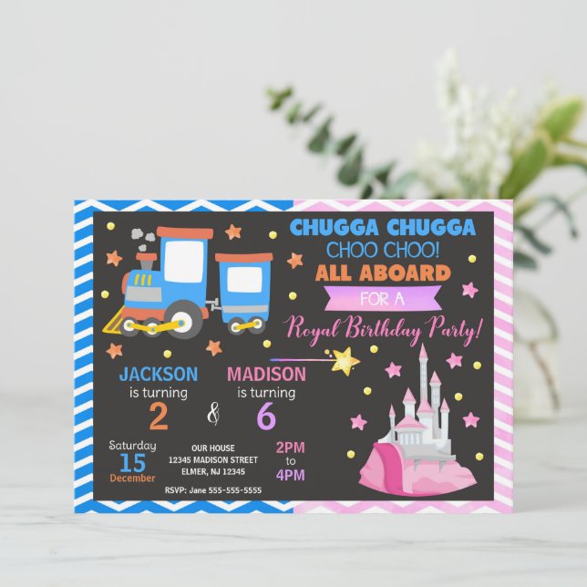 Invitation Train Choo Choo & Princess Anniversaire Commun (Debout devant)