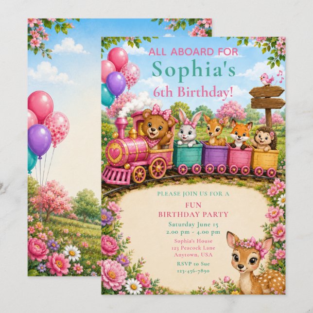 Invitation Train d'animaux de la forêt pour un 6ème anniversa (Devant / Derrière)