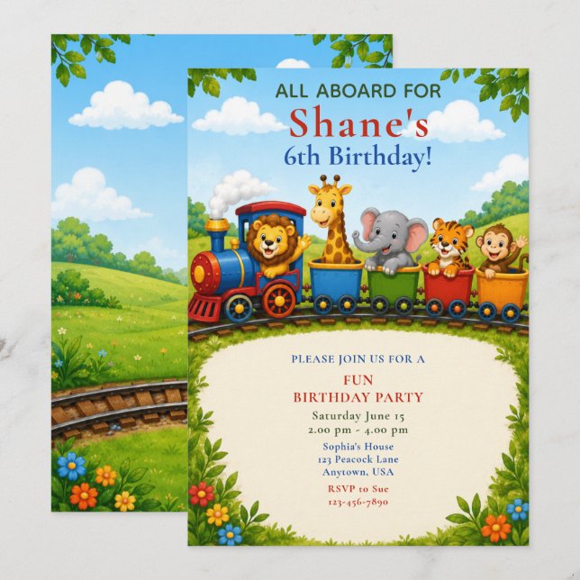 Invitation Train d'animaux de la forêt pour un 6ème anniversa (Devant / Derrière)